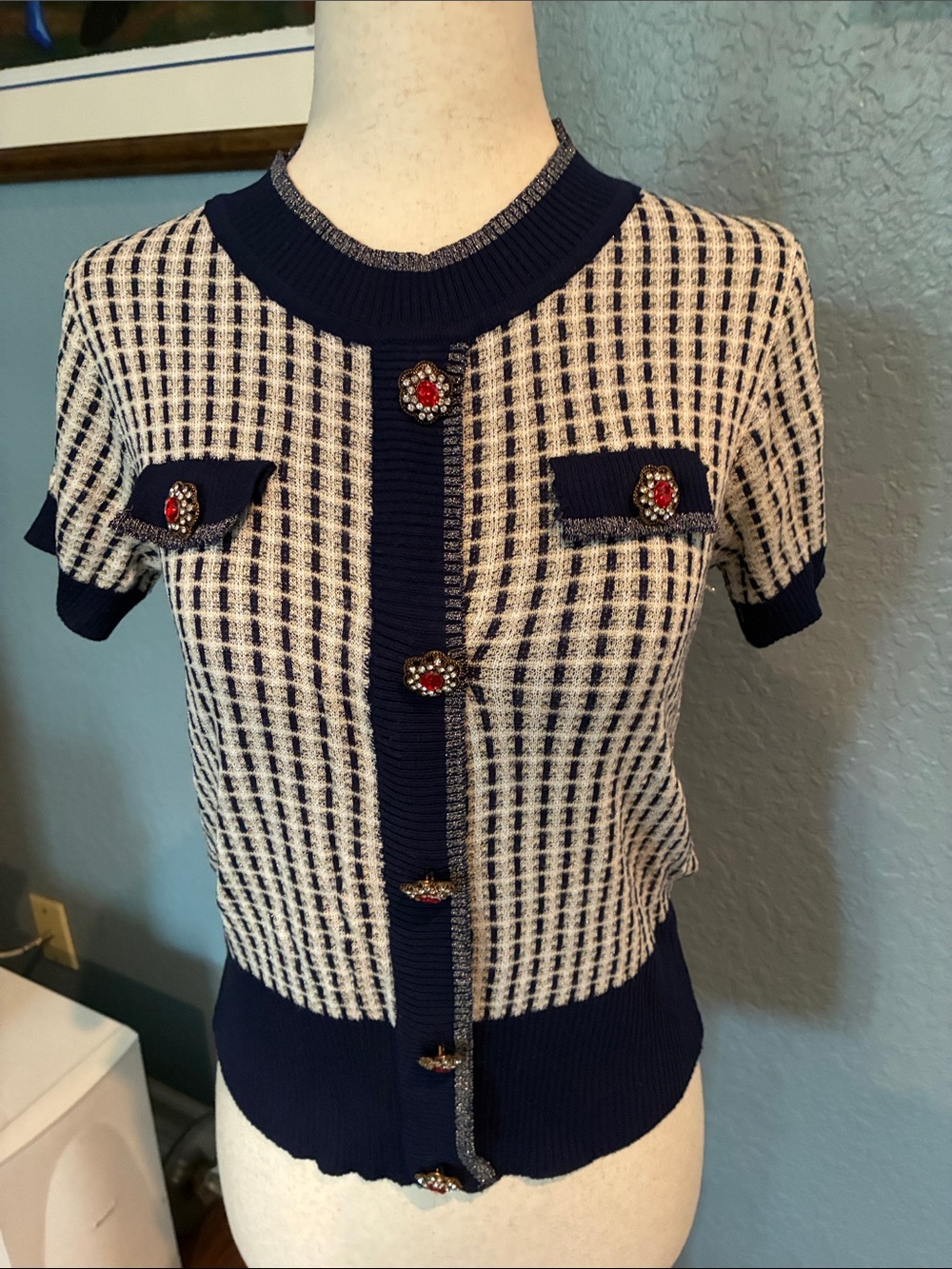 Navy & Cream Short-Sleeve Knit Cardigan with Jeweled Buttons